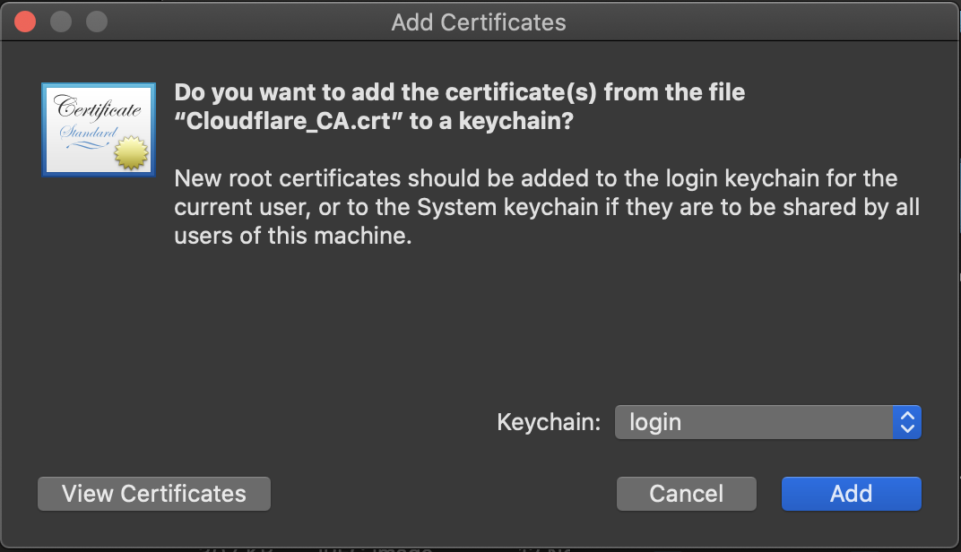 MacOS: add certificate to keychain