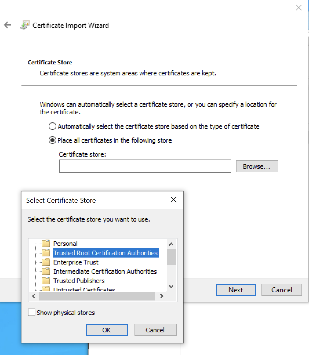 Windows: select certificate store location